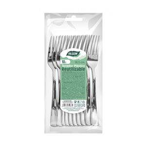 PACK 10 TENEDORES PLASTICO REUTILIZABLE PLATA ALGON