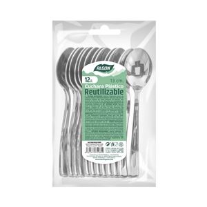 PACK 12 CUCHARAS POSTRE PLASTICO REUTILIZABLE PLATA ALGON
