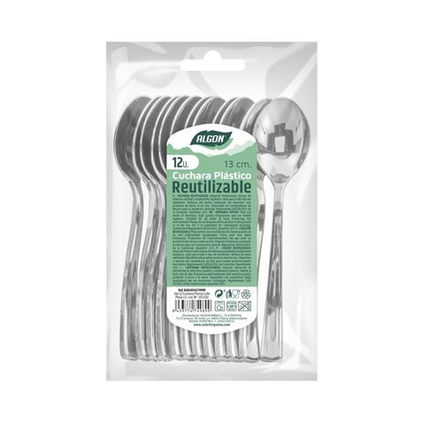 PACK 12 CUCHARAS POSTRE PLASTICO REUTILIZABLE PLATA ALGON - BA01054274989.