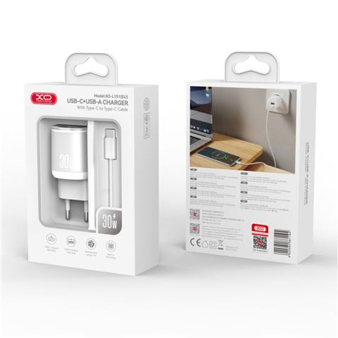 CARGADOR CARGA RAPIDA 30W USB-A /USB-C L151 + CABLE TIPO C BLANCO XO - XOL151TC-2