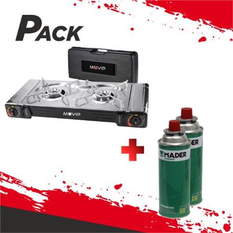 COCINA DE GAS PORTATIL DOBLE BOMBONA ACERO + 2 CARTUCHOS DE GAS - PACK212-1