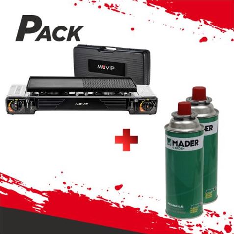 COCINA DE GAS DOBLE BOMBONA ACERO + PLANCHA + MALETIN + 2 CARTUCHOS GAS - PACK213-1