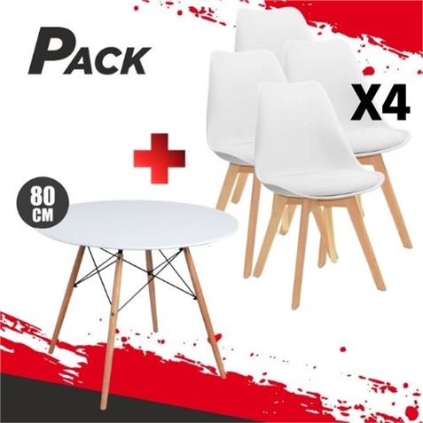 MESA REDONDA DESIGN D500 80CM BLANCA + 4 SILLAS DESIGN D200 BLANCAS MUVIP - PACK233