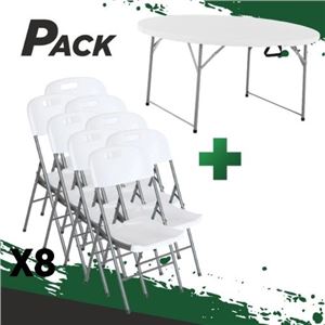MESA DE RESINA REDONDA PLEGABLE 160X74 + 8 SILLAS RESINA PLEGABLE PRO 44X53 - PACK258
