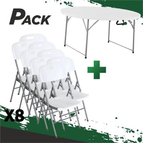 MESA DE RESINA REDONDA PLEGABLE 160X74 + 8 SILLAS RESINA PLEGABLE PRO 44X53 - PACK258