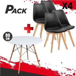MESA REDONDA DESIGN D500 80CM BLANCA + 4 SILLAS DESIGN D200 NEGRAS - PACK236