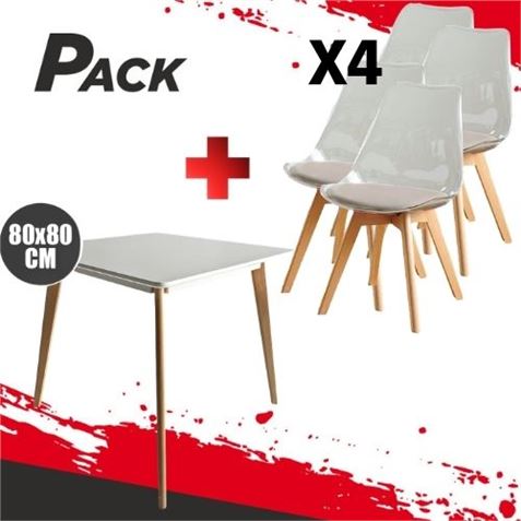 MESA DESIGN D900 80X80CM BLANCA + 4 SILLAS DESIGN D1000 TRANSPARENTES - PACK226