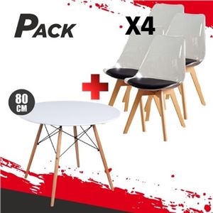 MESA REDONDA DESIGN D500 80CM BLANCA + 4 SILLAS DESIGN D1000 TRANS+NEGRO - PACK230