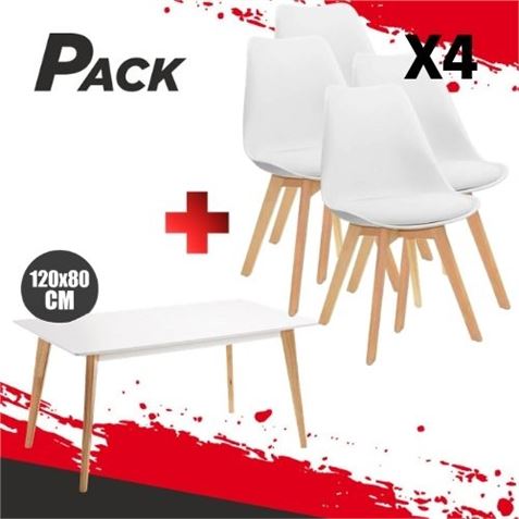 MESA DESIGN D900 120X80CM BLANCA + 4 SILLAS DESIGN D200 BLANCAS MUVIP - PACK234
