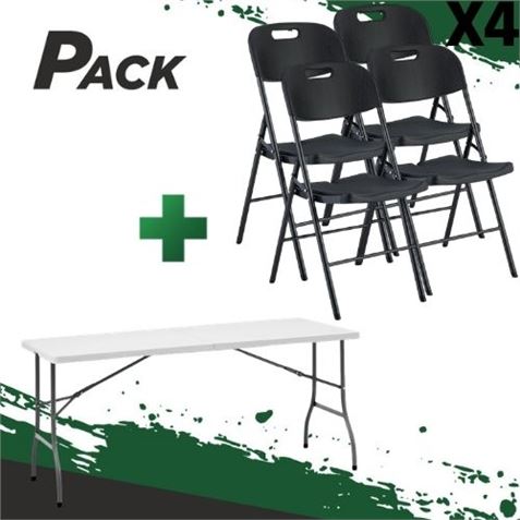 MESA DE RESINA PLEGABLE 152X70X74CM + 4 SILLAS RESINA PLEGABLE PRO 44X53X83 - PACK247