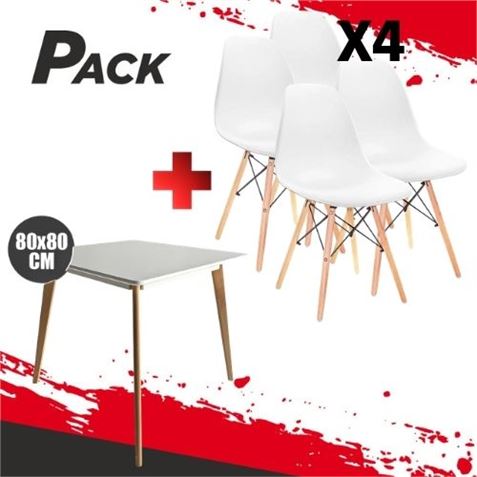 MESA DESIGN D900 80X80CM BLANCA + 4 SILLAS DESIGN D100 BLANCAS MUVIP - PACK220