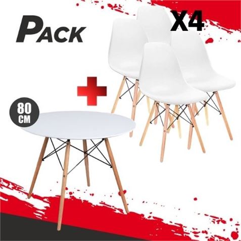 MESA REDONDA DESIGN D500 80CM BLANCA + 4 SILLAS DESIGN D100 BLANCAS MUVIP - PACK221