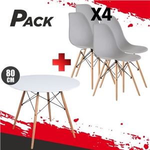 MESA REDONDA DESIGN D500 80CM BLANCA + 4 SILLAS DESIGN D100 GRISES MUVIP - PACK224