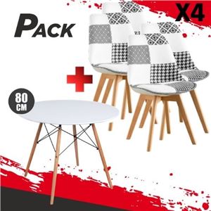 MESA REDONDA DESIGN D500 80CM BLANCA + 4 SILLAS DESIGN D400 TELA PATCHWORK - PACK239