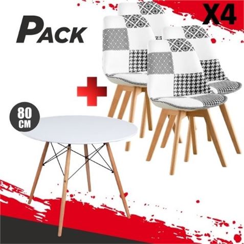 MESA REDONDA DESIGN D500 80CM BLANCA + 4 SILLAS DESIGN D400 TELA PATCHWORK - PACK239