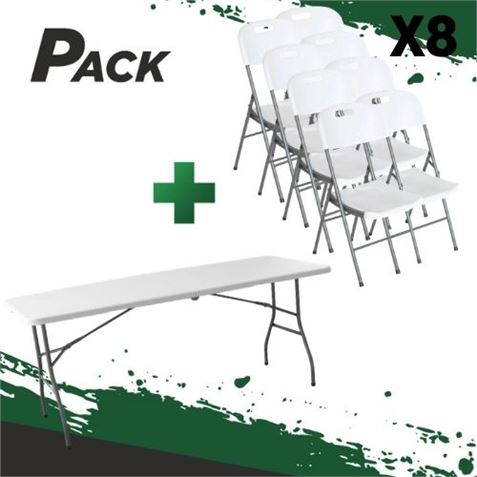 MESA DE RESINA PLEGABLE 180X70X74CM + 8 SILLAS RESINA PLEGABLE PRO 44X53X83 - PACK250