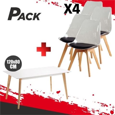 MESA DESIGN D900 120X80CM BLANCA + 4 SILLAS DESIGN D1000 TRANS+NEGRO - PACK231