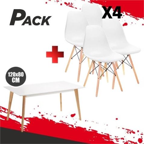 MESA DESIGN D900 120X80CM BLANCA + 4 SILLAS DESIGN D100 BLANCA MUVIP - PACK222