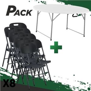 MESA DE RESINA REDONDA PLEGABLE 160X74 + 8 SILLAS RESINA PLEGABLE PRO NEGRA - PACK259