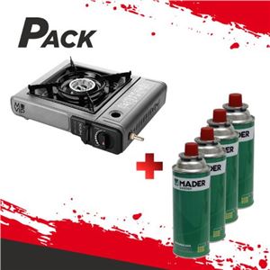 PACK COCINA GAS PORTATIL DOBLE MUVIP + 4 CARTUCHOS GAS 227GR. MADER - PACK260