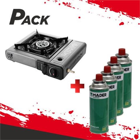 PACK COCINA GAS PORTATIL DOBLE MUVIP + 4 CARTUCHOS GAS 227GR. MADER - PACK260